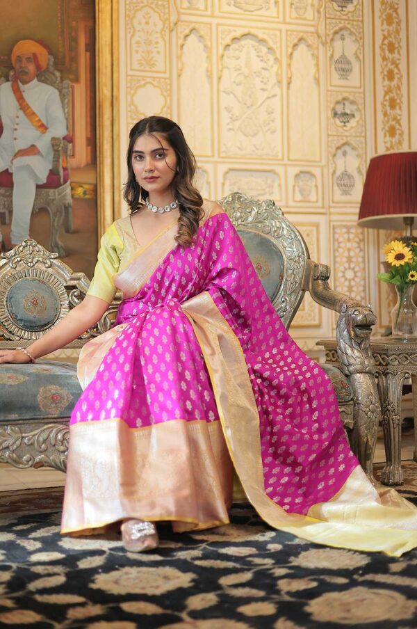Graceful Glory – Hot Pink and Gold Kanjivaram Silk Saree with Zari Weaving Work with Green Blouse
