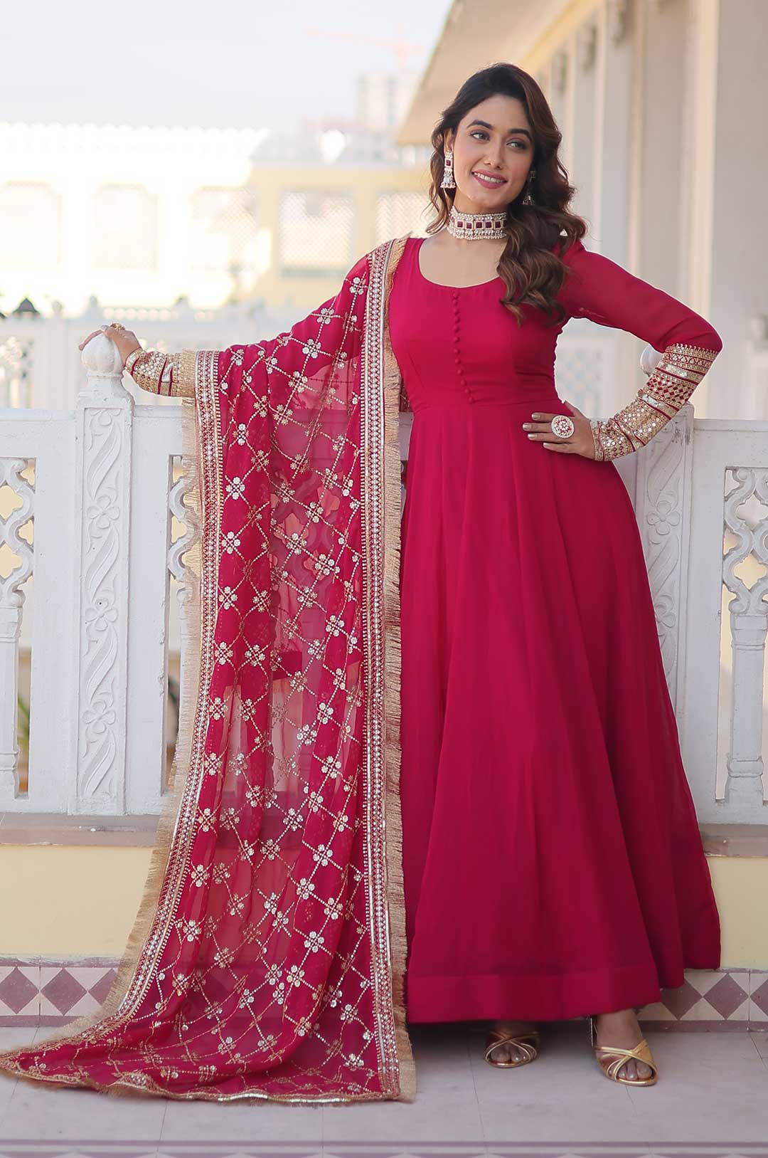 Graceful Pink Faux Blooming Gown with Designer Sequins Dupatta