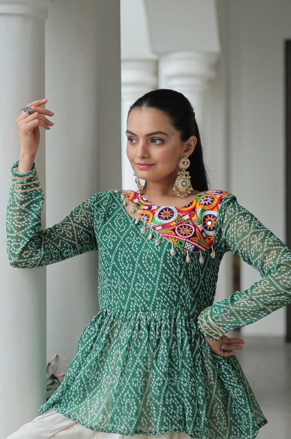 Green Bandhani Top & Cream Kora Cotton Lehenga Set – Fusion Festive Elegance