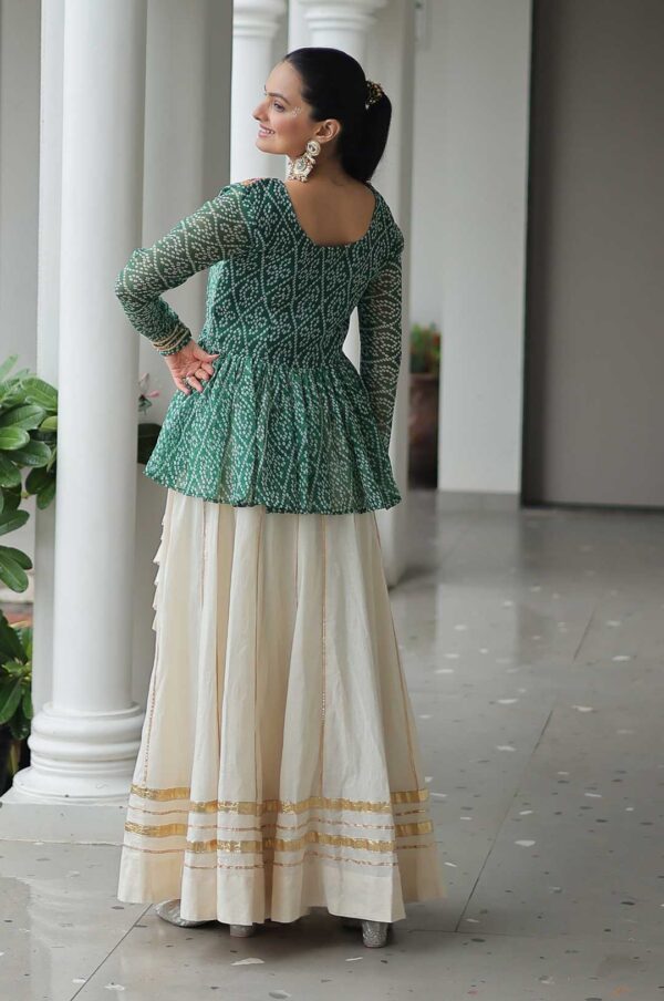 Green Bandhani Top & Cream Kora Cotton Lehenga Set – Fusion Festive Elegance