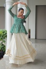 Green-Bandhani-Top-&amp;-Cream-Kora-Cotton-Lehenga-Set.-4