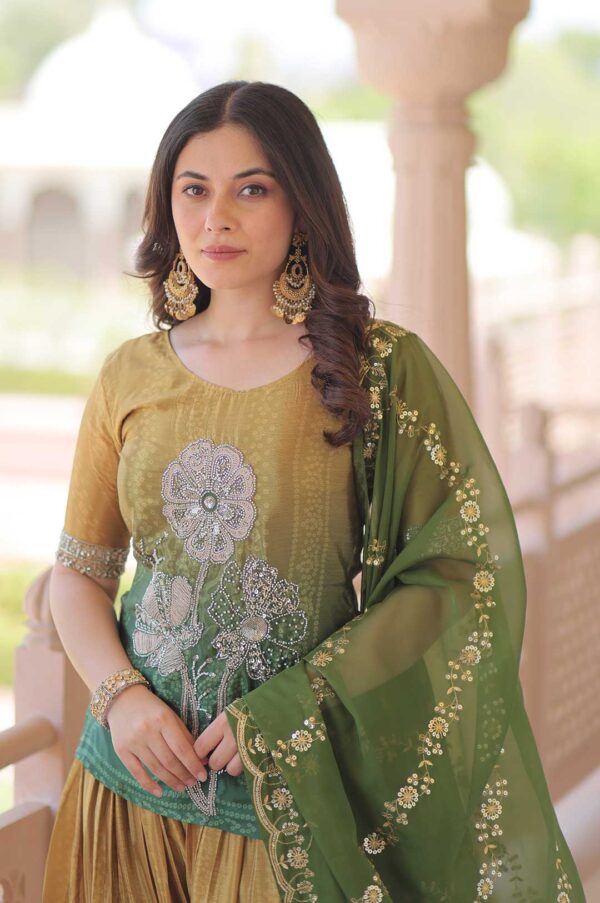 Green Chinnon Print Embroidered Kurti Set with Dupatta