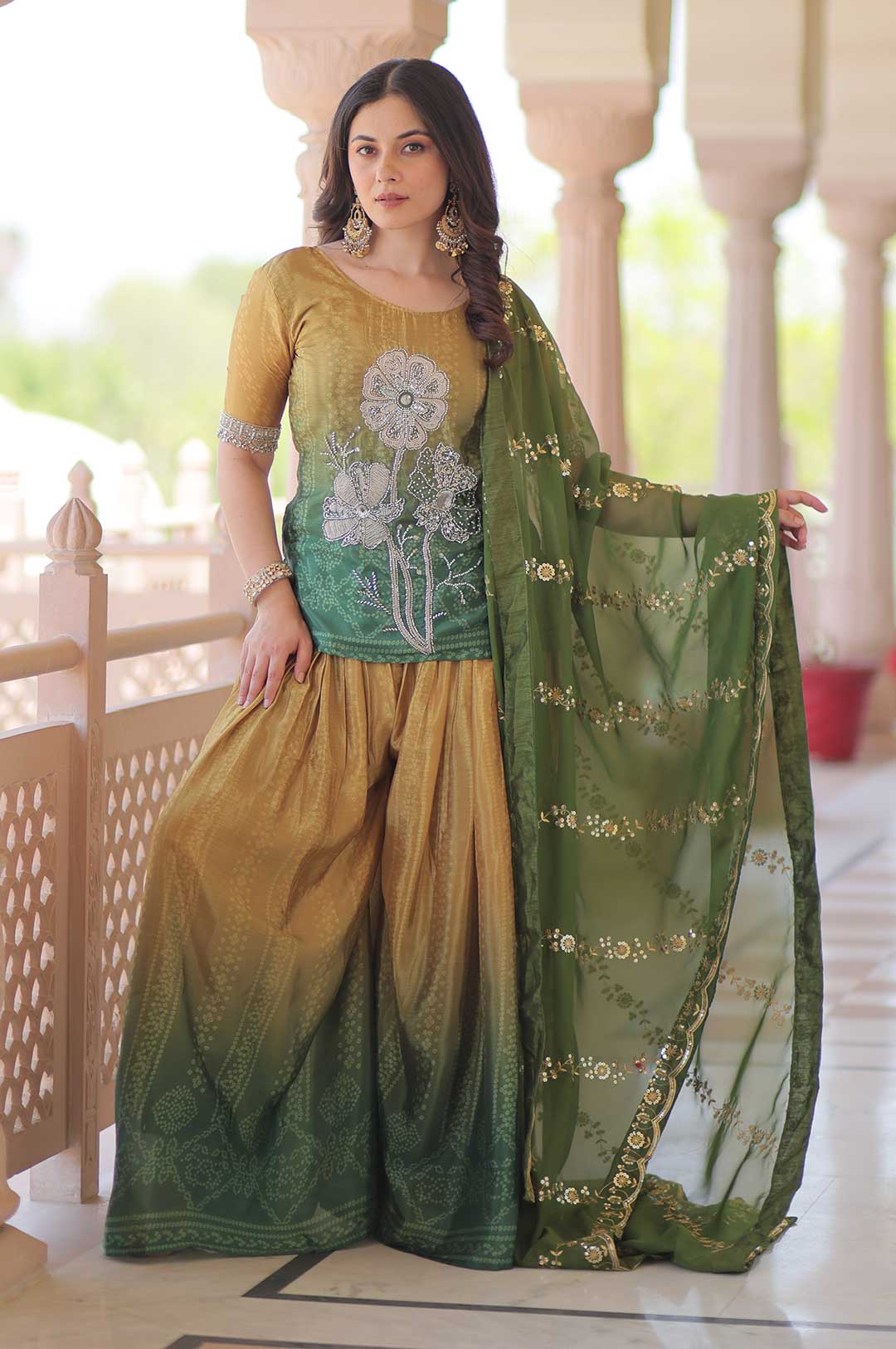 Green Chinnon Print Embroidered Kurti Set with Dupatta