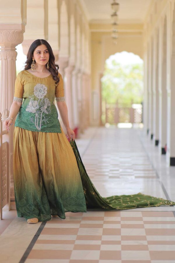 Green Chinnon Print Embroidered Kurti Set with Dupatta