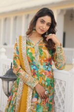Green-Floral-Print-Gown-with-Embroidered-Yoke-and-Dupatta-2