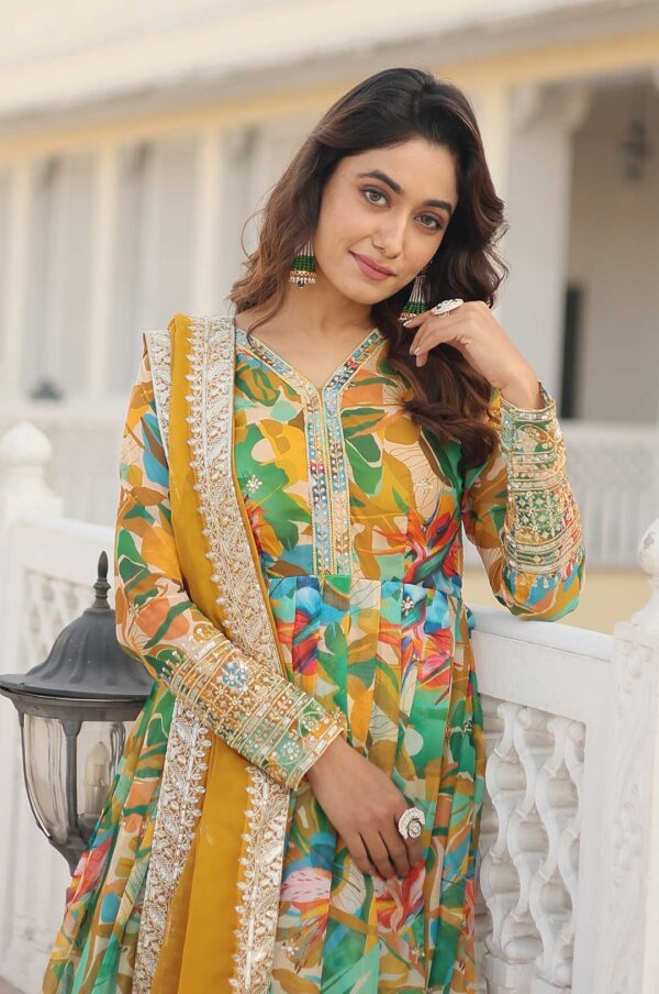 Green Floral Print Gown with Embroidered Yoke and Dupatta