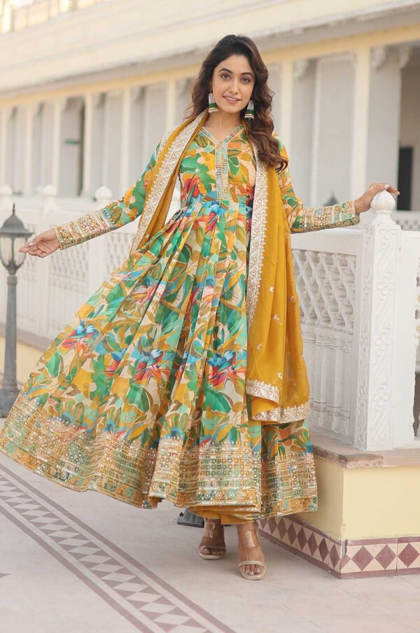 Green Floral Print Gown with Embroidered Yoke and Dupatta