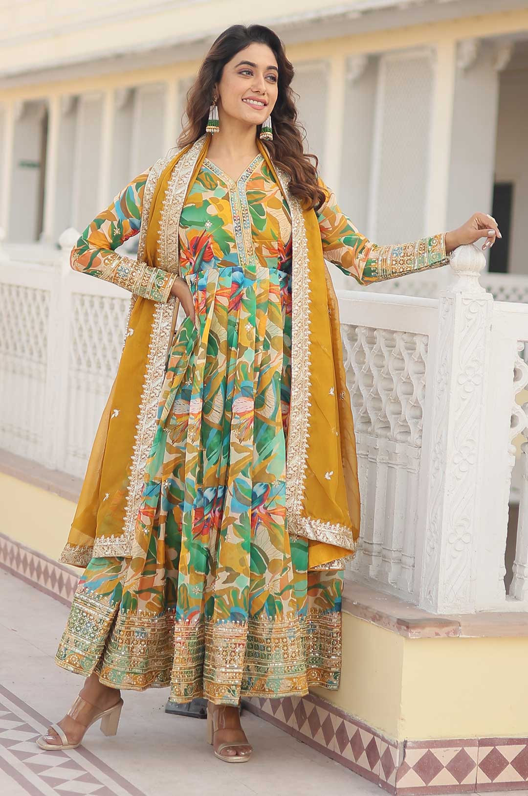 Green Floral Print Gown with Embroidered Yoke and Dupatta