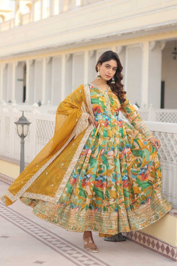 Green Floral Print Gown with Embroidered Yoke and Dupatta