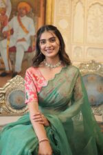Green-Saree-with-Pink-Floral-Blouse