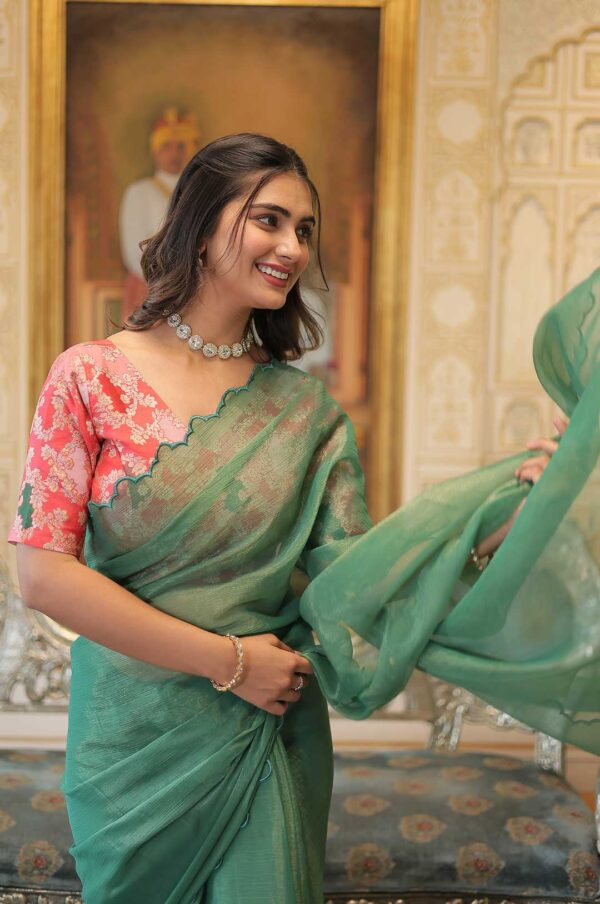 Golden Glam – Green Arko Cut Work Border Saree with Pink Floral Blouse