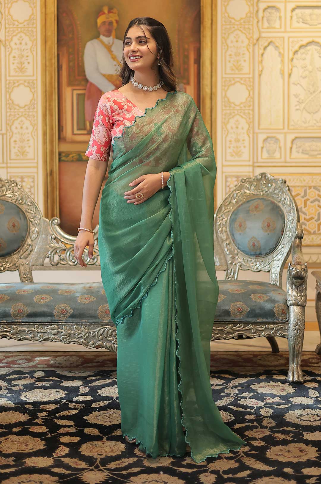Golden Glam – Green Arko Cut Work Border Saree with Pink Floral Blouse
