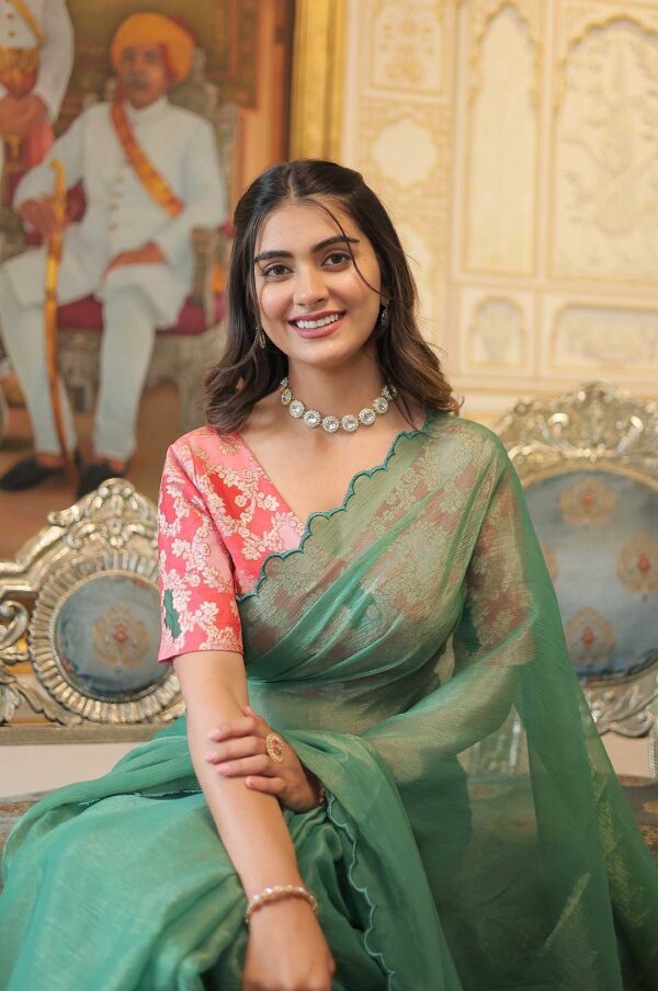 Golden Glam – Green Arko Cut Work Border Saree with Pink Floral Blouse