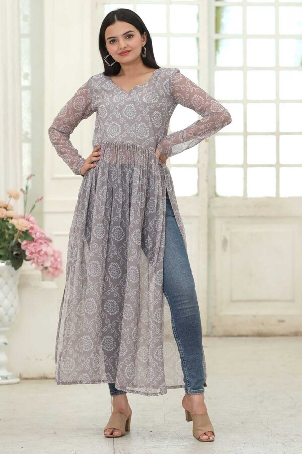 Grey Printed Georgette Kurta with Side Slits and Full Sleeves