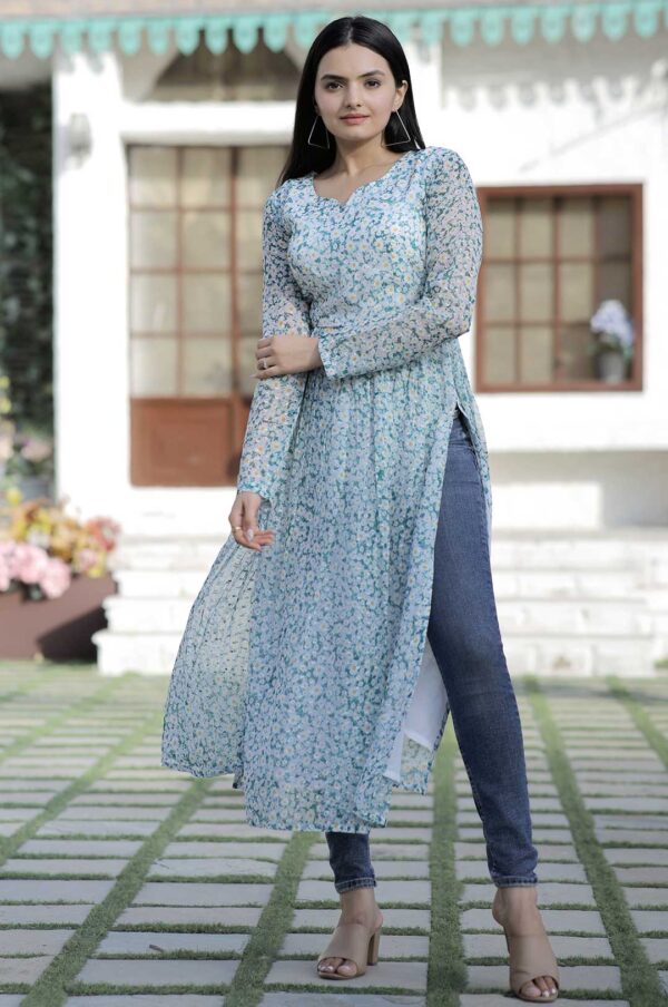 Grey Printed Georgette Kurta with Side Slits and Full Sleeves