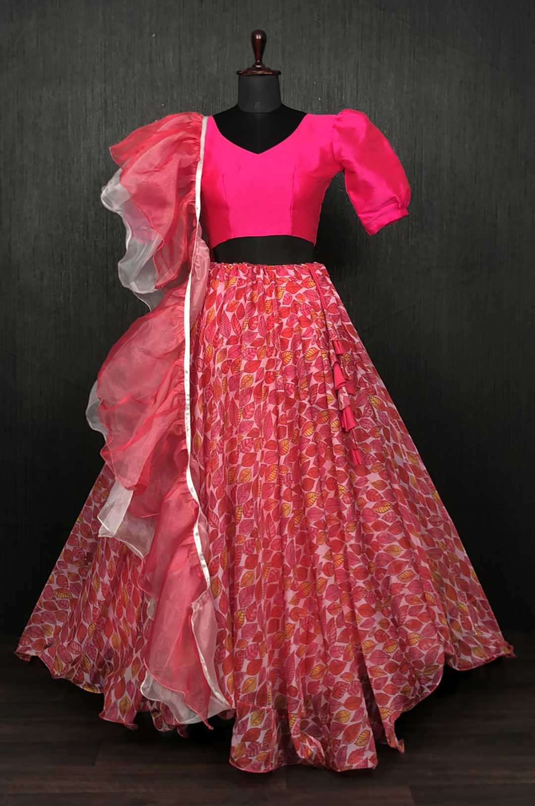 Hot Pink Crop Top with Orange and Pink Printed Skirt