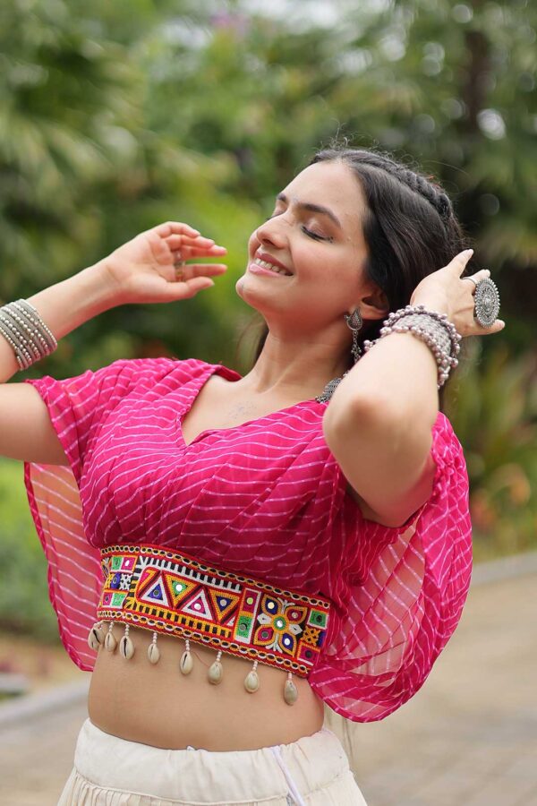 Hot Pink Designer Kora Cottan Lehenga With Leheriya & Kutchi Patchwork Blouse
