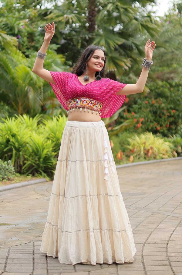 Hot Pink Designer Kora Cottan Lehenga With Leheriya & Kutchi Patchwork Blouse
