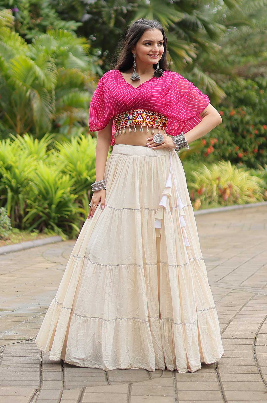 Hot Pink Designer Kora Cottan Lehenga With Leheriya & Kutchi Patchwork Blouse