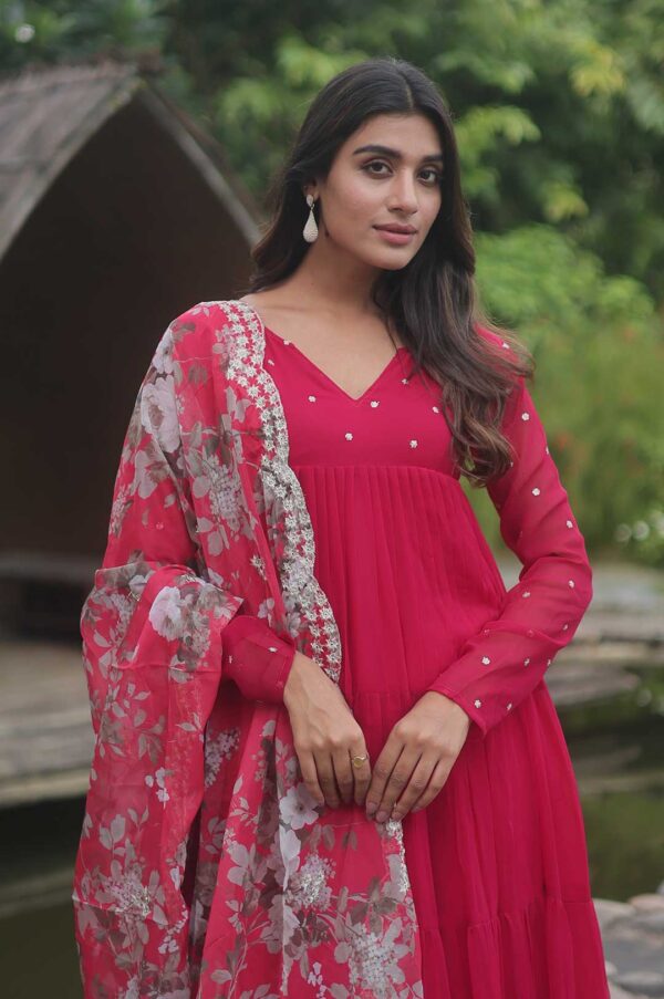 Hot Pink Georgette Anarkali Suit with Floral Dupatta