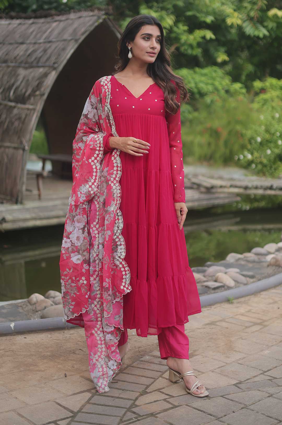Hot Pink Georgette Anarkali Suit with Floral Dupatta