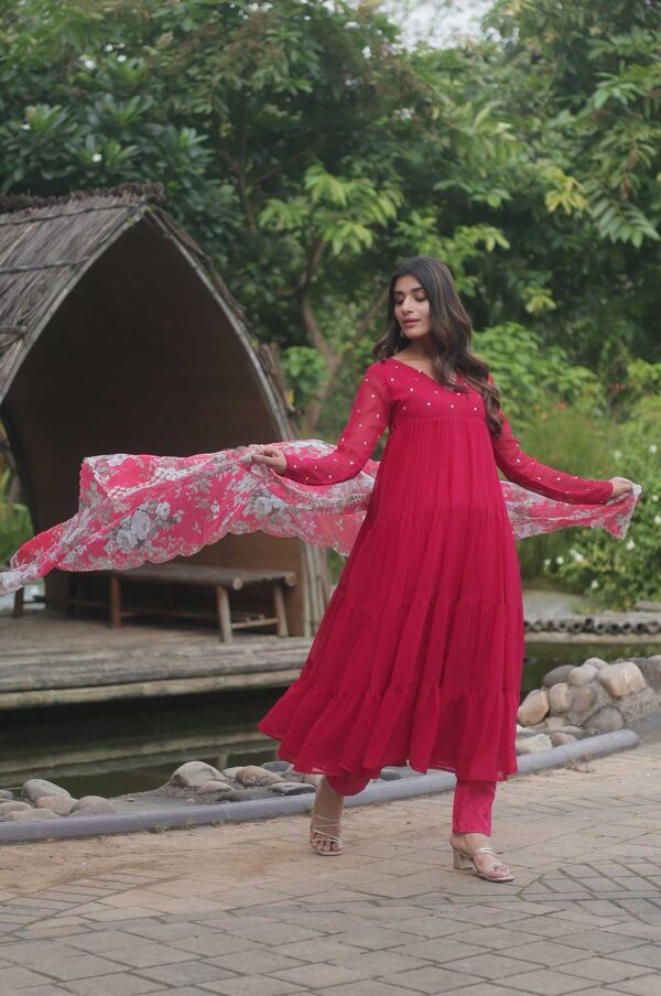 Hot Pink Georgette Anarkali Suit with Floral Dupatta