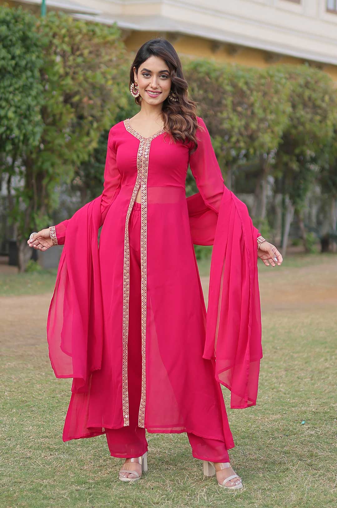 Hot Pink Georgette Anarkali kurta Set with Embroidered and Dupatta