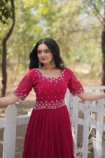 Hot-Pink-Georgette-Gown-with-Embroidered-Bodice-&amp;-Tiered-Ruffle-Hem