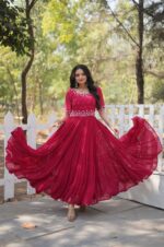 Hot-Pink-Georgette-Gown-with-Embroidered-Bodice-&amp;-Tiered-Ruffle-Hem-2