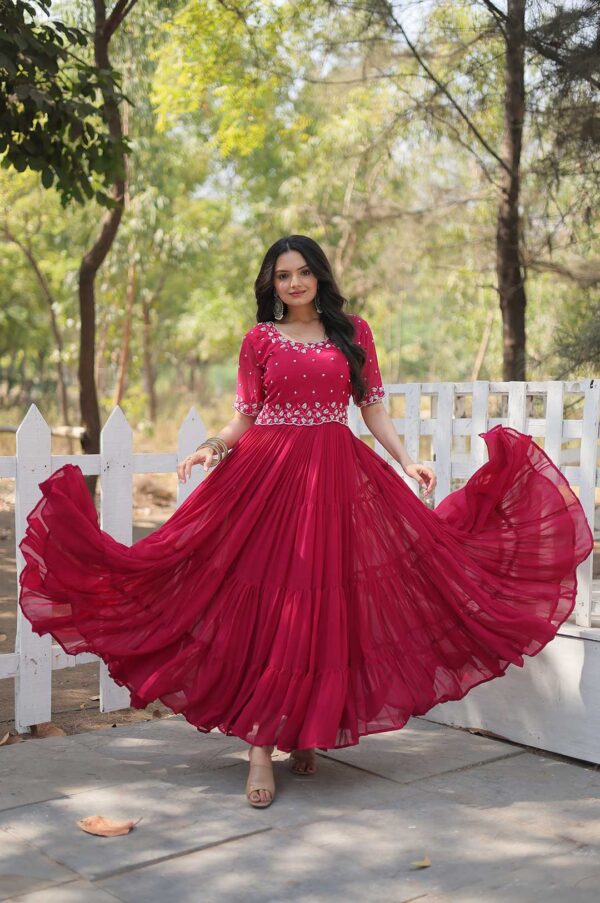 Hot Pink Georgette Gown with Embroidered Bodice & Tiered Ruffle Hem