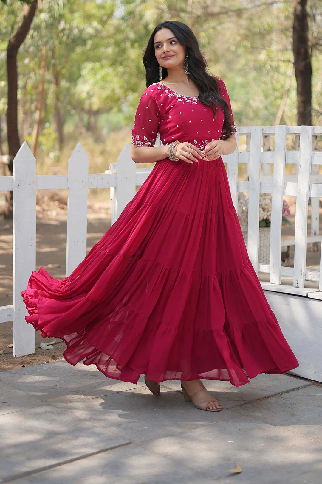 Hot Pink Georgette Gown with Embroidered Bodice & Tiered Ruffle Hem