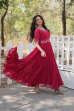 Hot-Pink-Georgette-Gown-with-Embroidered-Bodice-&amp;-Tiered-Ruffle-Hem-4