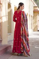 Hot-Pink-Georgette-Gown-with-Gold-Motifs-&amp;-Multi-Colored-Dupatta