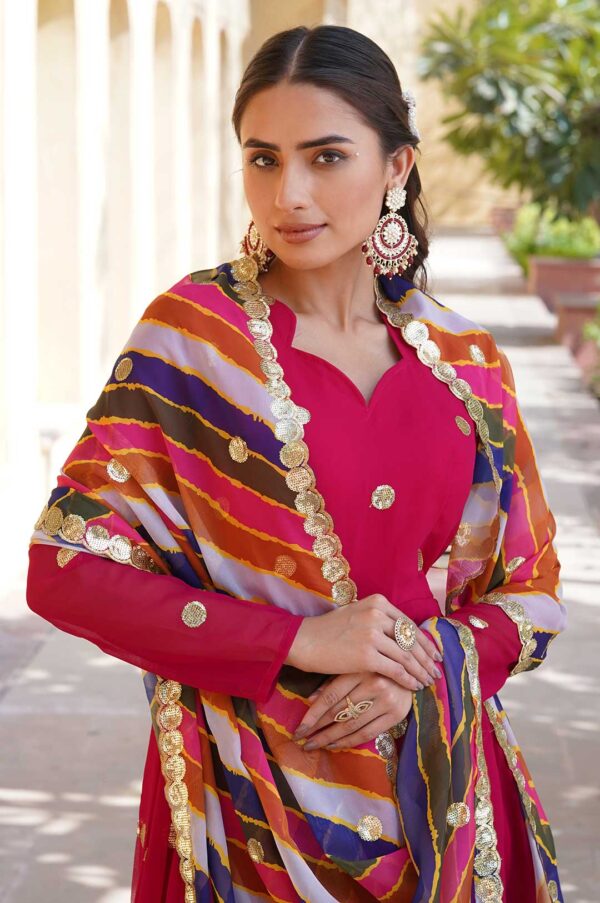 Hot Pink Georgette Gown with Gold Motifs & Multi-Colored Dupatta