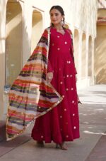 Hot-Pink-Georgette-Gown-with-Gold-Motifs-&amp;-Multi-Colored-Dupatta-4