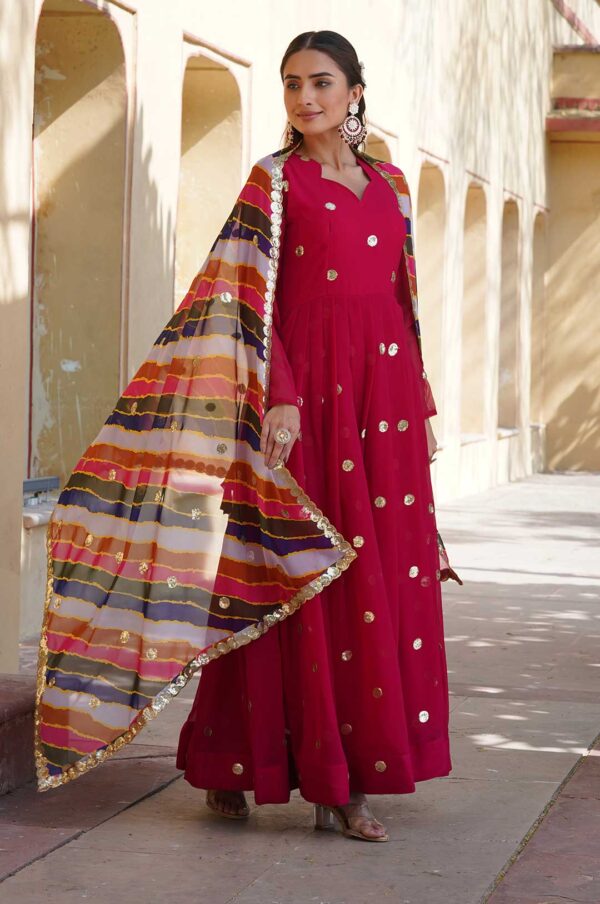 Hot Pink Georgette Gown with Gold Motifs & Multi-Colored Dupatta