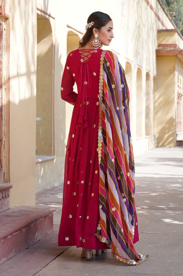 Hot Pink Georgette Gown with Gold Motifs & Multi-Colored Dupatta