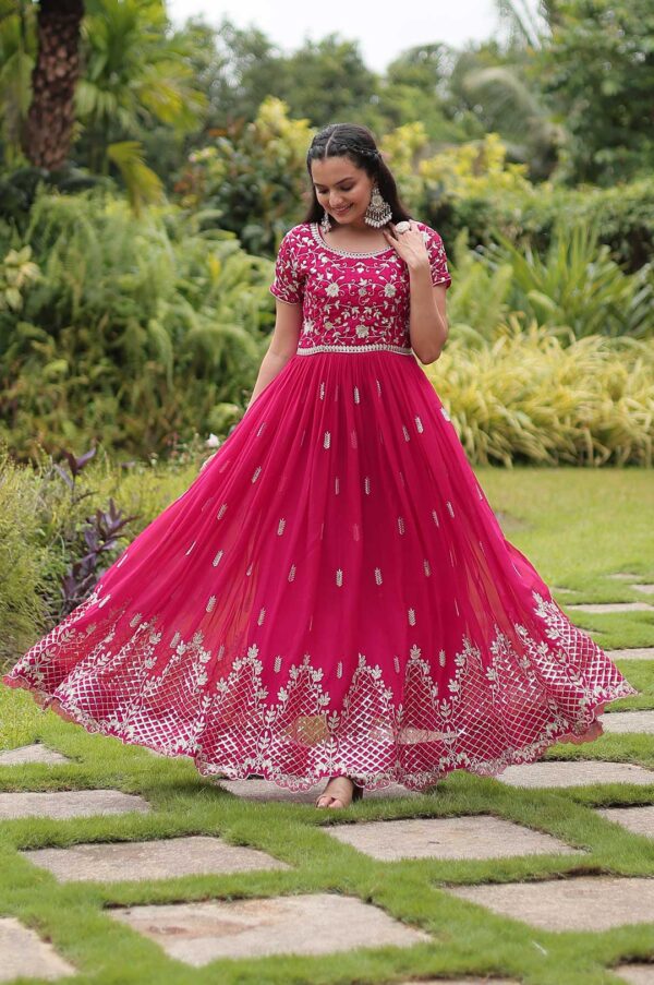 Hot Pink Georgette Gown with Heavy Embroidery & Sequin Work
