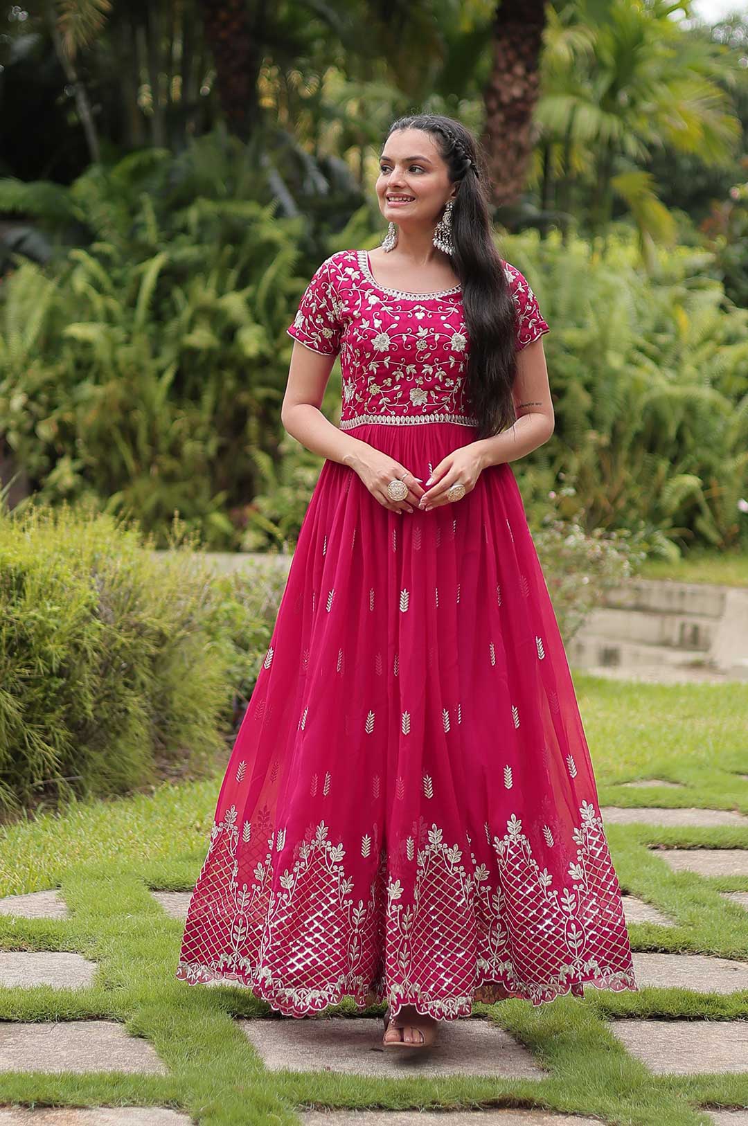 Hot Pink Georgette Gown with Heavy Embroidery & Sequin Work