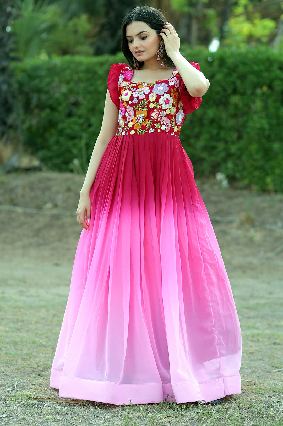 Hot Pink Ombre Georgette Gown with Floral Embroidered Bodice