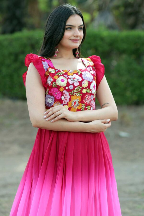Hot Pink Ombre Georgette Gown with Floral Embroidered Bodice