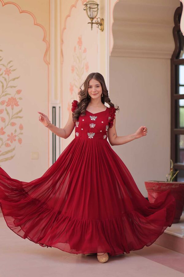 Maroon Radiant Faux Blooming Gown with Sequins & Multi-Thread Embroidery