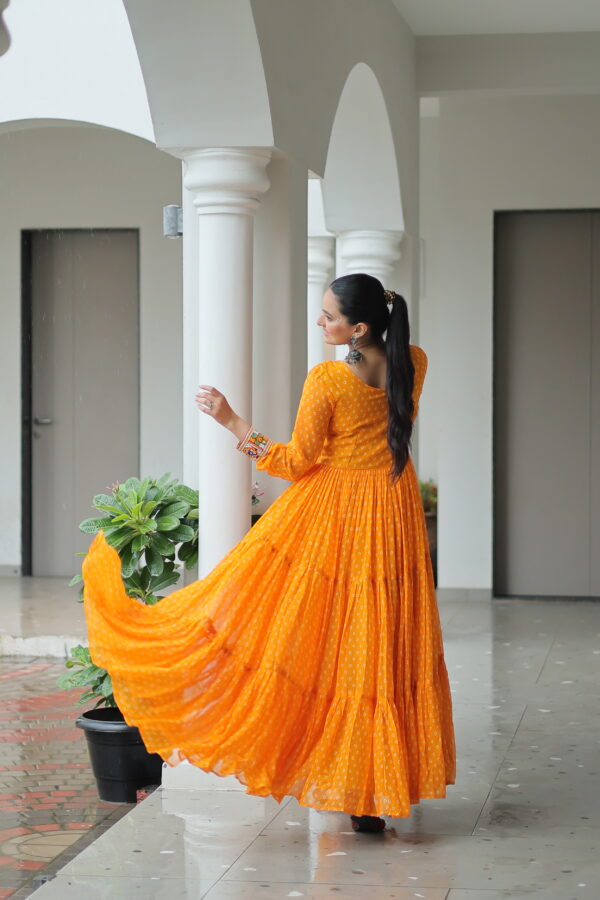 Yellow Bandhani Gown with Kutchi Patchwork – Twirl in Sunshine & Tradition