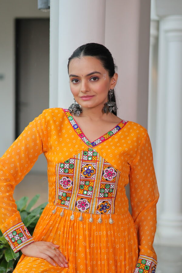 Yellow Bandhani Gown with Kutchi Patchwork – Twirl in Sunshine & Tradition