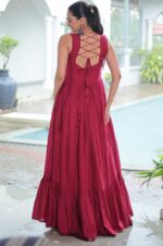 Kutchi-Embroidered-Rayon-Frill-Gown-with-Mirror-Work-–-Maroon