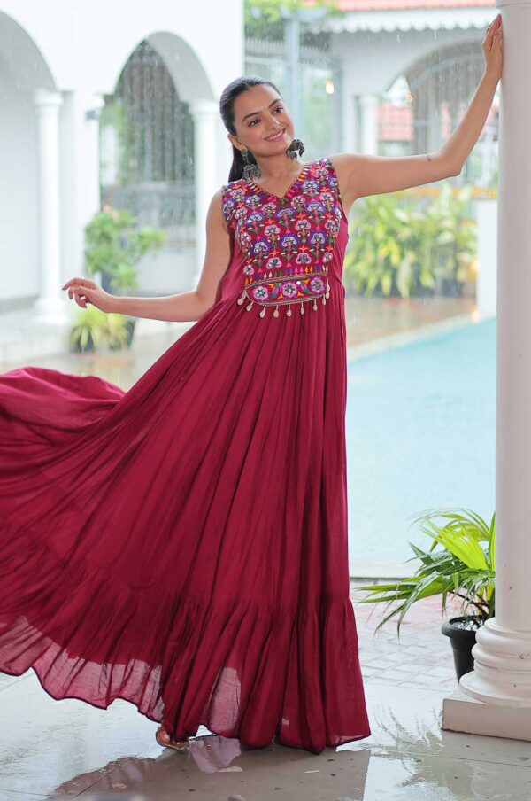 Kutchi Embroidered Rayon Frill Gown with Mirror Work – Maroon