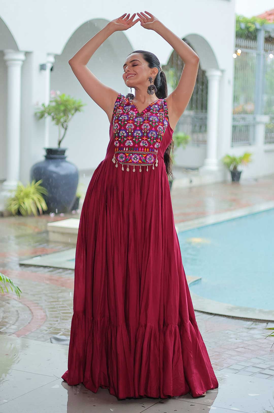 Kutchi Embroidered Rayon Frill Gown with Mirror Work – Maroon