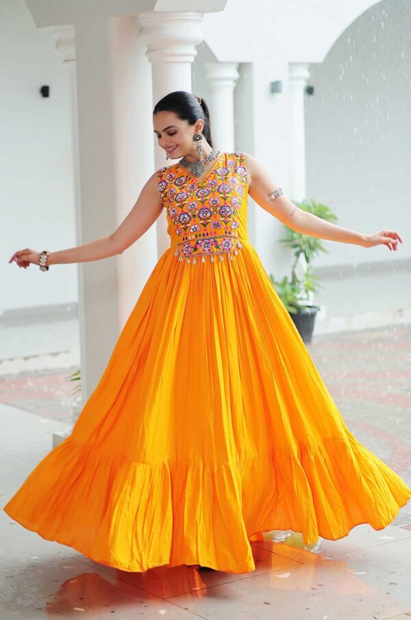 Kutchi Embroidered Rayon Frill Gown with Mirror Work – Yellow