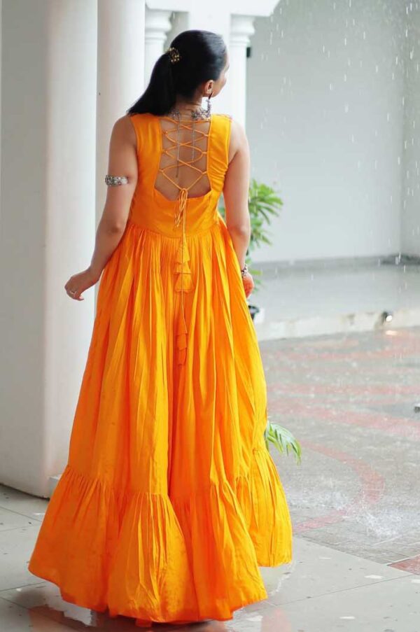 Kutchi Gamthi Embroidered Mirror Work Gown – Yellow