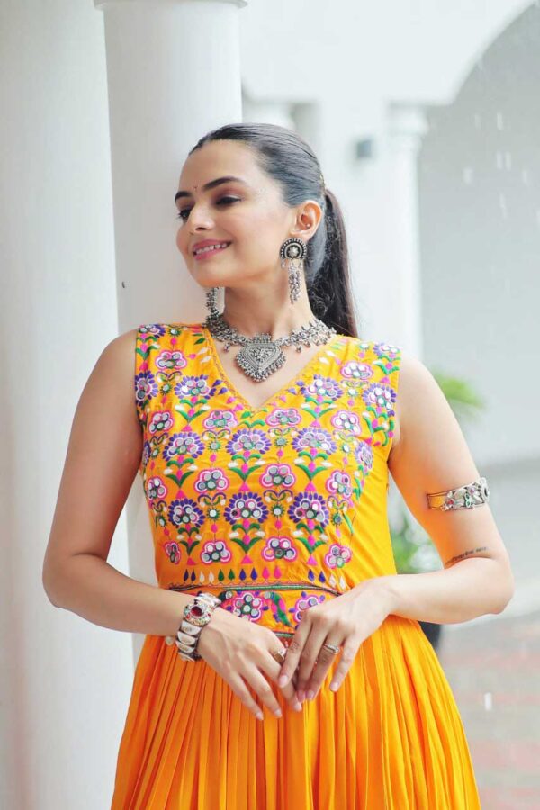 Kutchi Gamthi Embroidered Mirror Work Gown – Yellow